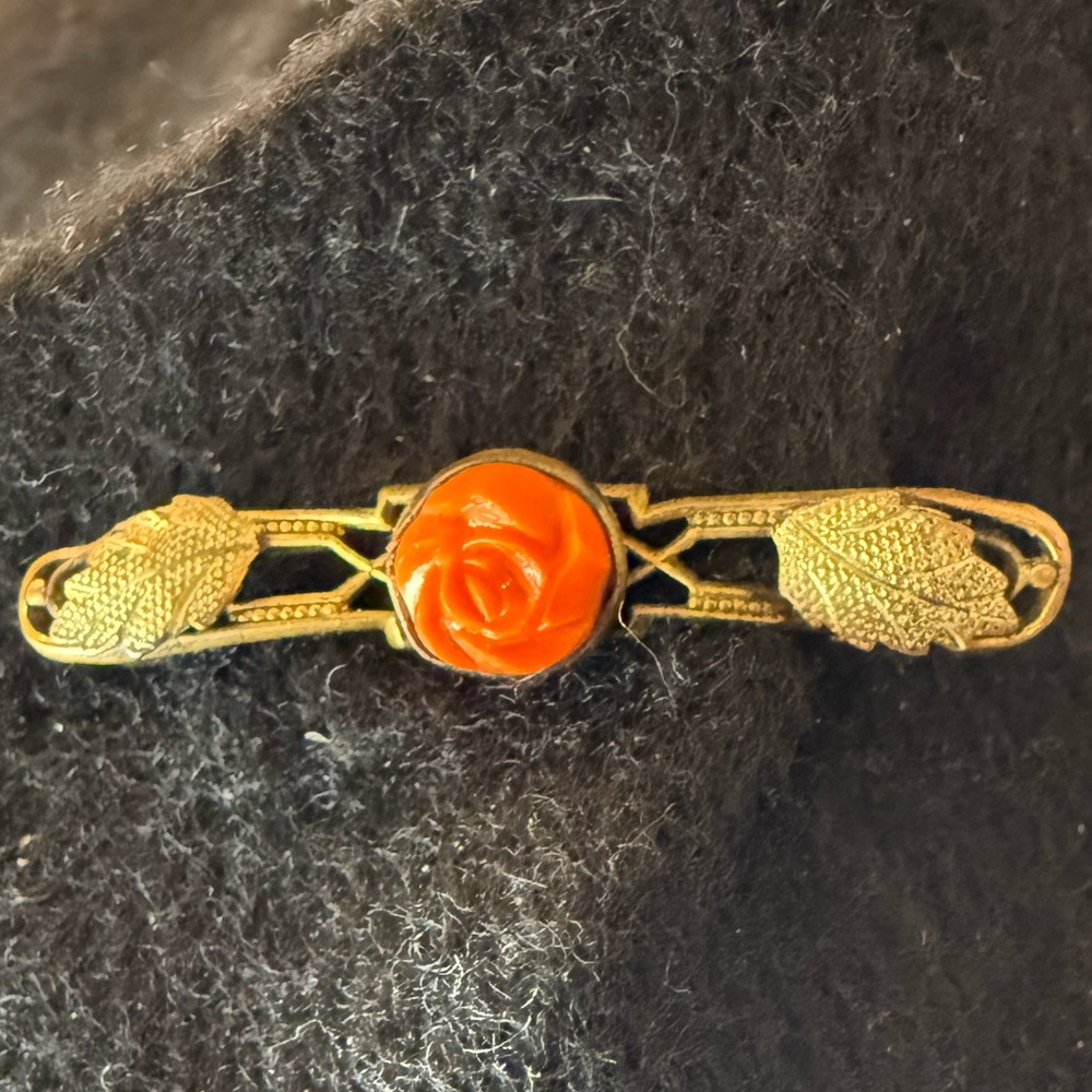 Vintage Gold Brooch with Orange Rose